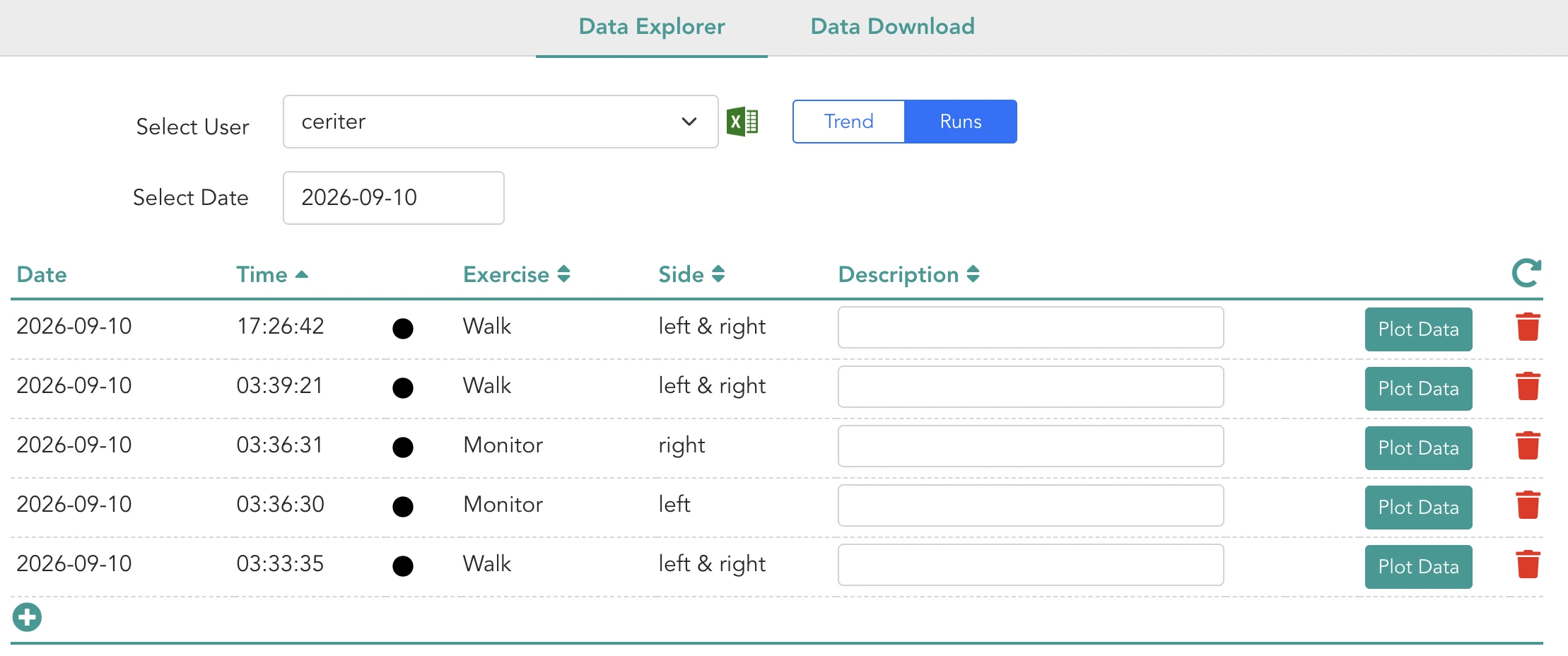 Runs tab listing individual recordings for one date, with columns for time, exercise, side and description, and a Plot Data button on each row.