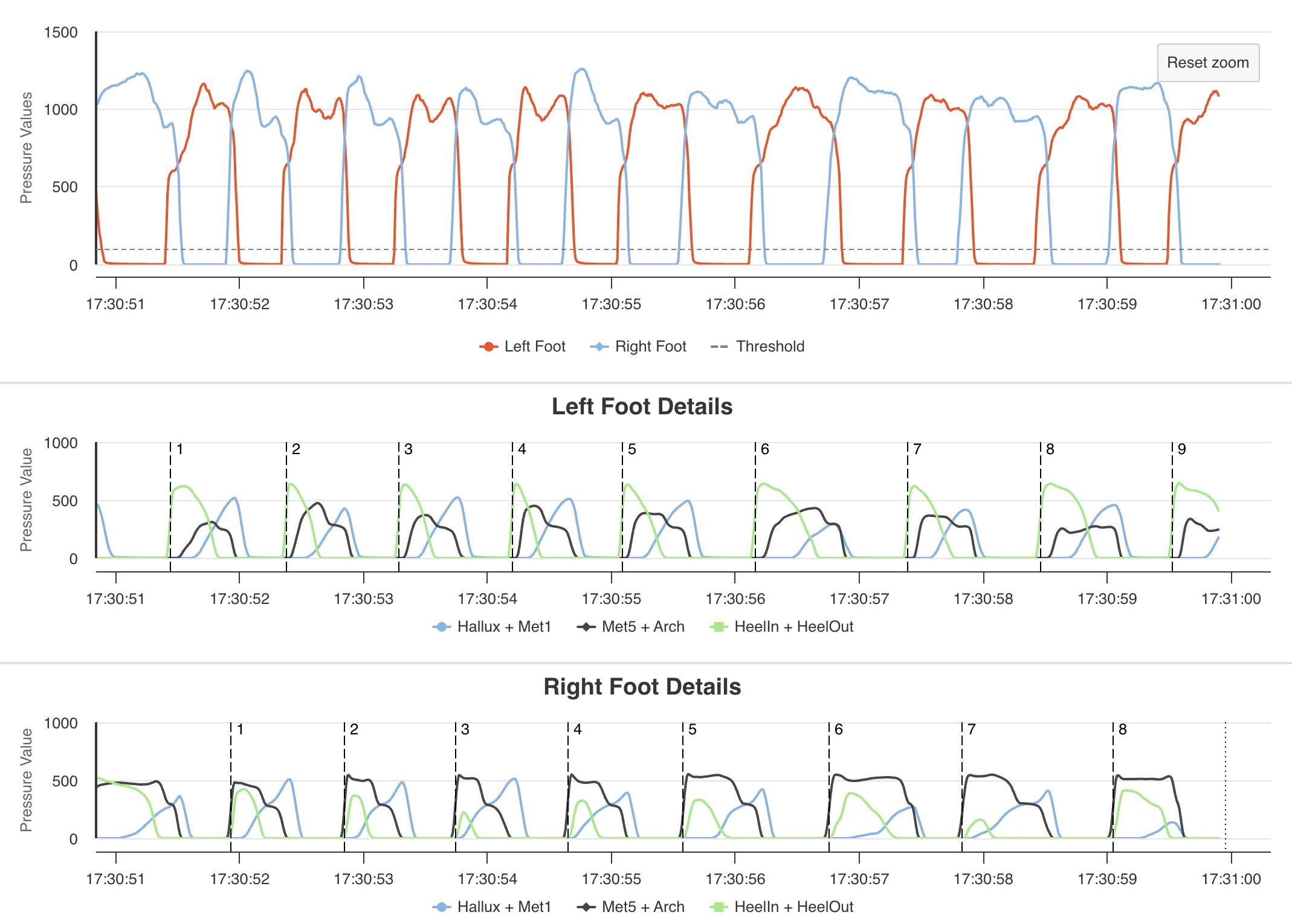 Session overview: a pressure-against-time chart for both feet with a threshold line, above separate left and right foot detail charts with numbered step markers and traces for three zone groups.
